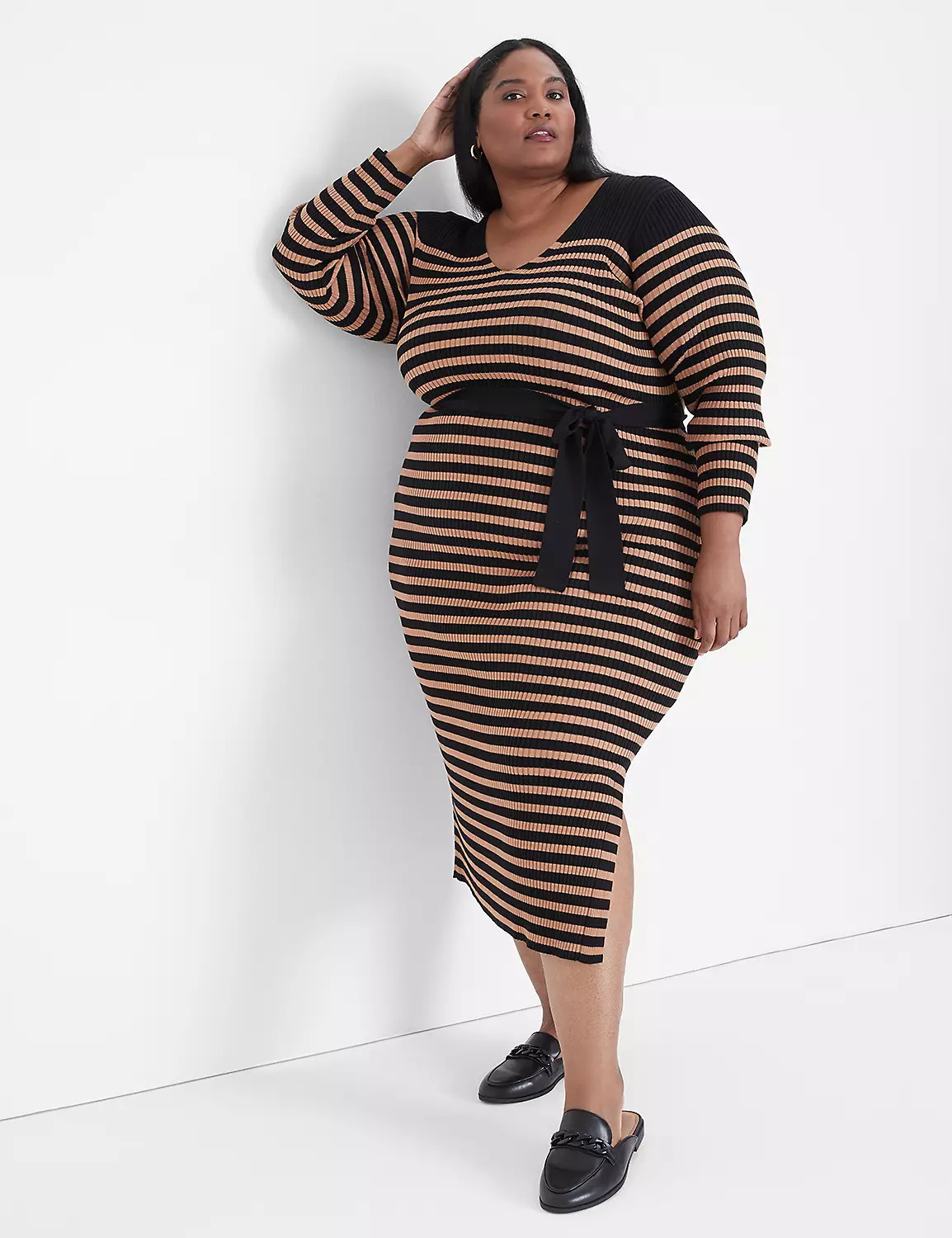 Long-Sleeve V-Neck Stripe Rib Sweater Dress | LaneBryant | Lane Bryant (US)