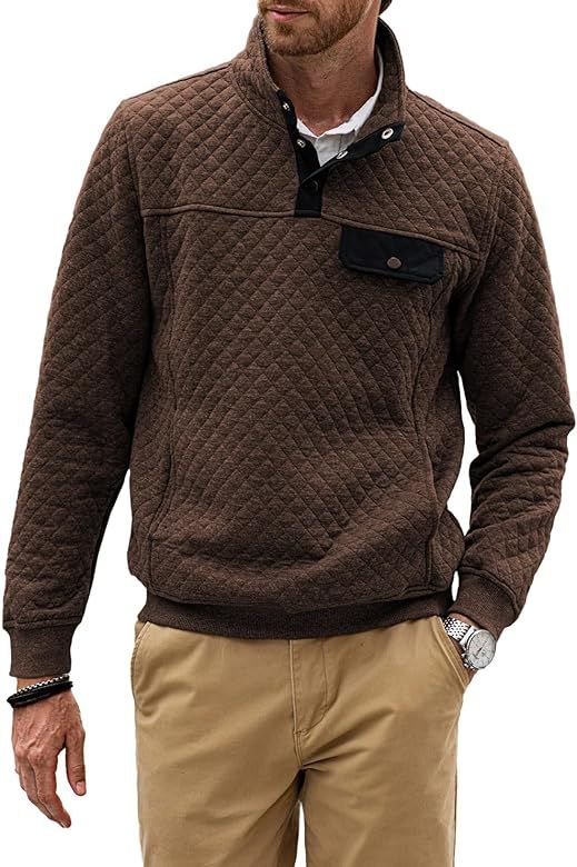 JMIERR Men's Quilted Sweatshirt Casual Long Sleeve Outdoor Stand Collar Button Pullover Sweatshirts | Amazon (US)