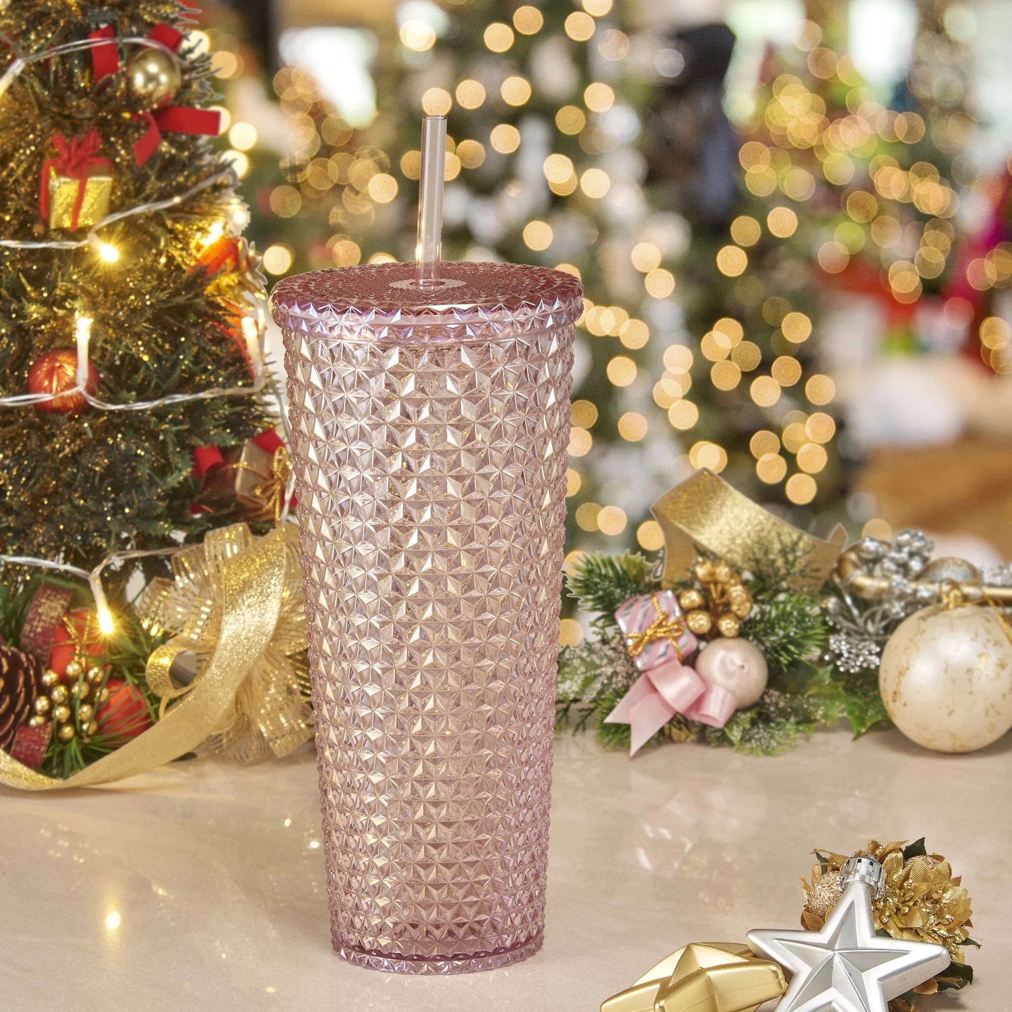 Holiday Time Christmas 26oz DW AS Plastic Textured Tumbler, Iridescent Pink | Walmart (US)