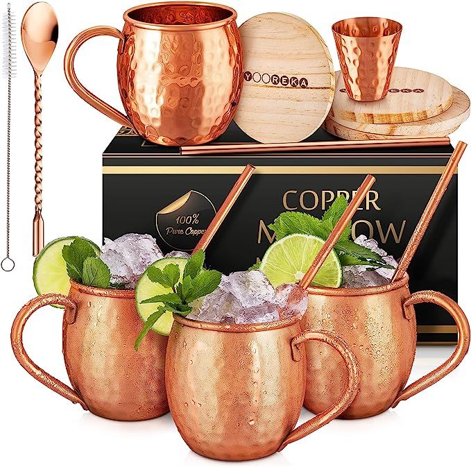 [Gift Set] Moscow Mule Mugs Set Of 4 16 oz Pure Solid Genuine , HANDCRAFTED , Copper Cups , BONUS... | Amazon (US)