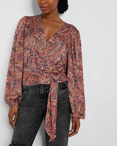 Conscious Edit Printed Satin Faux Wrap Front Tie Waist Cropped Top | Express
