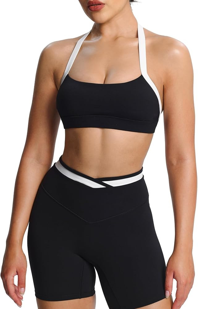Aoxjox Women's Color Block Halter Workout Sports Bras Fitness Backless Padded Athletic Vanessa Br... | Amazon (US)