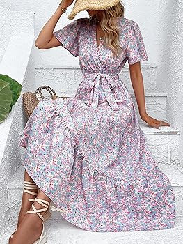 MASCOMODA Womens Boho Swiss Dot Maxi Dresses Wrap V Neck Flutter Short Sleeve Solid Tie Belt A Li... | Amazon (US)