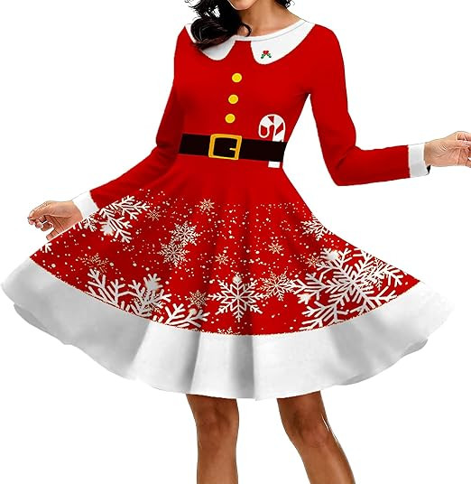 PECHAR Christmas Dresses for Women Casual Swing Christmas Dress Xmas Print Holiday Long Sleeve Dr... | Amazon (US)