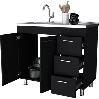 Kitchen Cabinet In Black With 3 Drawer Compartments And 2 Doors - Space Maximizing Drawers For Practical Storage | Wayfair North America