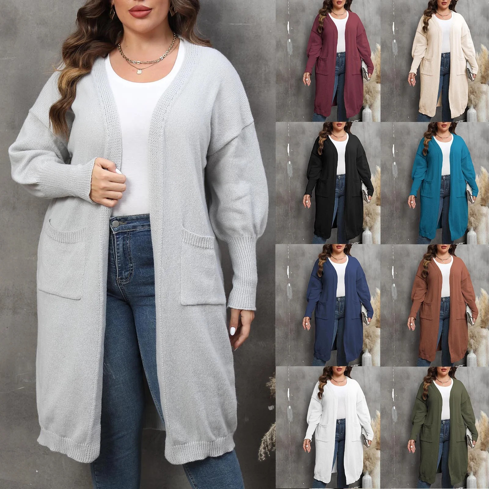 Nfurl Women's Plus Size Long Cardigans Soft Cotton Solid Color Open Front Cardigan with Pockets Casual Long Sleeve Fall Jackets Army Green XXXL - Walmart.com | Walmart (US)
