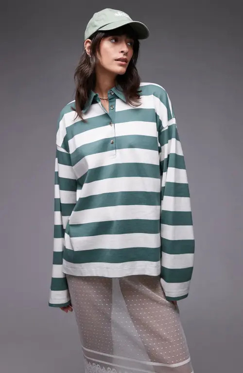 Topshop Stripe Oversize Long Sleeve Cotton Polo in Medium Green at Nordstrom | Nordstrom
