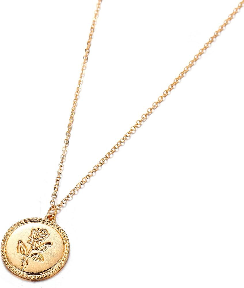 QIAN0813 Gold Alloy Round Rose Flower Lava Rock Pendant Necklace for Women Simple Female Disc Coi... | Amazon (US)