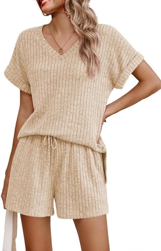 SHEWIN Womens Pajama Sets 2 Piece Outfits Lounge Sets Ribbed Knit Short Sleeve Shirts and Shorts ... | Amazon (US)