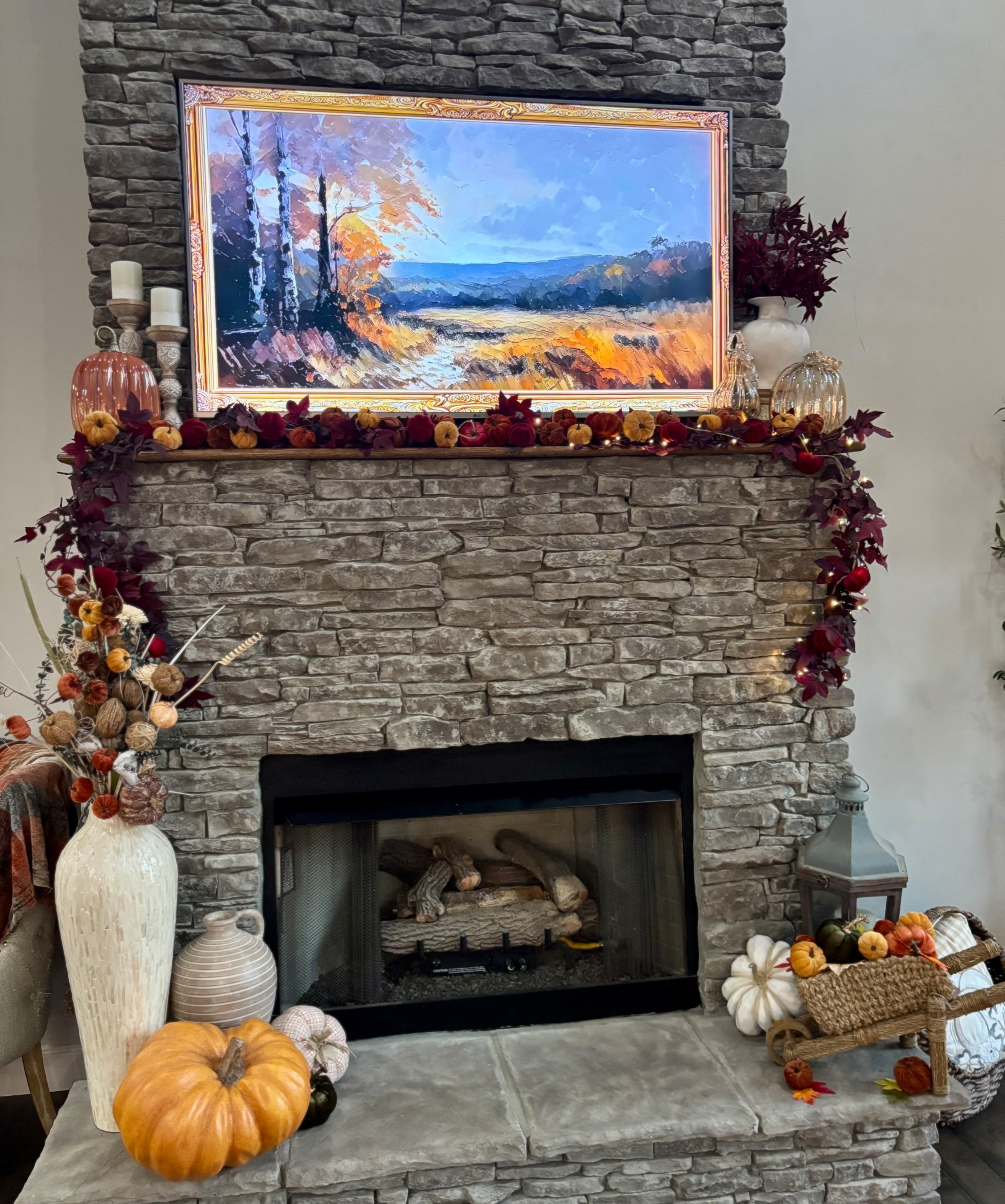 Fall Fireplace!! Cozy Autumn Vibes! #fall #cozy #fireplace #falldecor #autumn #pumpkin #ralldecorate 

#LTKSeasonal #LTKFindsUnder50 #LTKHome
