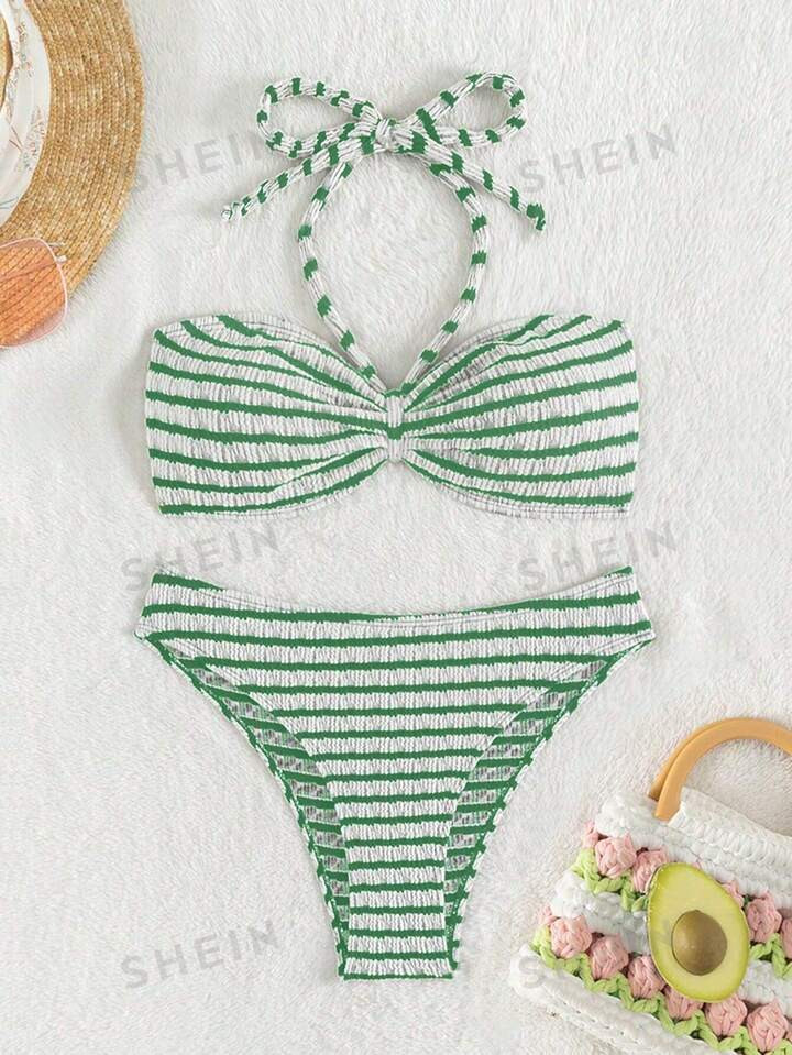 SHEIN Swim Vcay Women'S Striped Halter Neck Two Piece Swimsuit Carnival | SHEIN