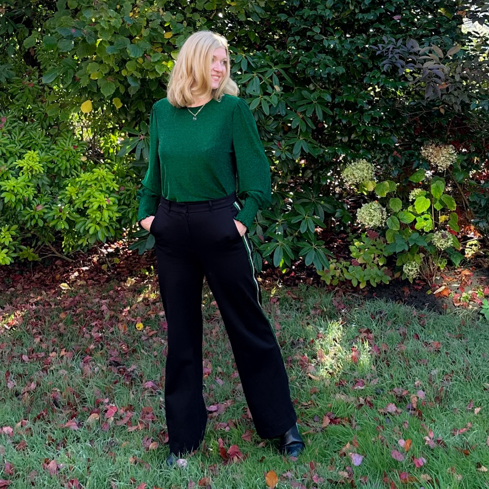 Green sparkly top, jersey fabric. Day to night dressing. Side stripe trousers. Smart casual. Elevated casual. Green glitter top. Over 40 style. Over 50 style  

#LTKautumn #LTKpartywear #LTKover50style