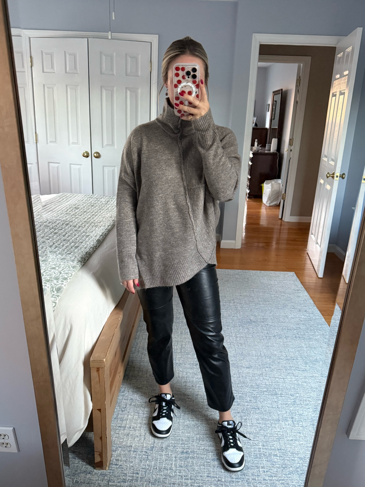 Asymmetrical sweater, mock neck sweater, oversized, soft, winter, cozy, straight leg, leather pants, nike, sneakers, casual 

#LTKCyberWeek #LTKSeasonal #LTKWorkwear