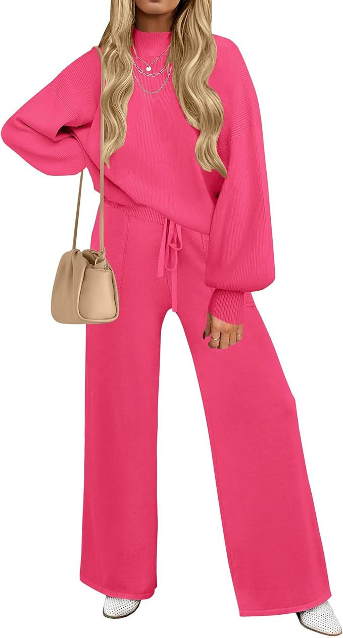 ZESICA Women's 2 Piece Outfits Sweater Set Long Sleeve Mock Neck Knit Pullover and Wide Leg Pants... | Amazon (US)