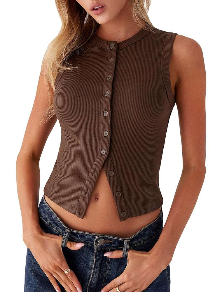 Adoeren Women Button Up Tank Vest Trendy Casual Slim Fit Sleeveless Ribbed Shirt Y2k Going Out Cr... | Amazon (US)