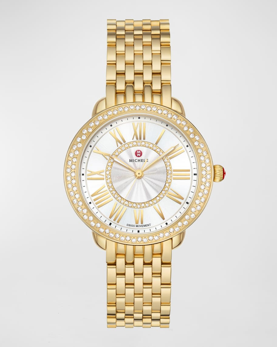 MICHELE Serein Mid Diamond Gold-Plated Watch with White Sunray Dial | Neiman Marcus