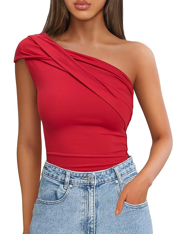 ZESICA Women's One Shoulder Tank Tops 2025 Summer Sleeveless Going Out T Shirts Knit Slim Fit Fas... | Amazon (US)