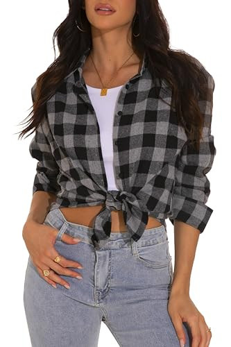 GUANYY Button Down Shirts for Women Fall Classic Buffalo Plaid Shirt Long Sleeve V-Neck Blouses Black Grey Plaid X-Large | Amazon (US)