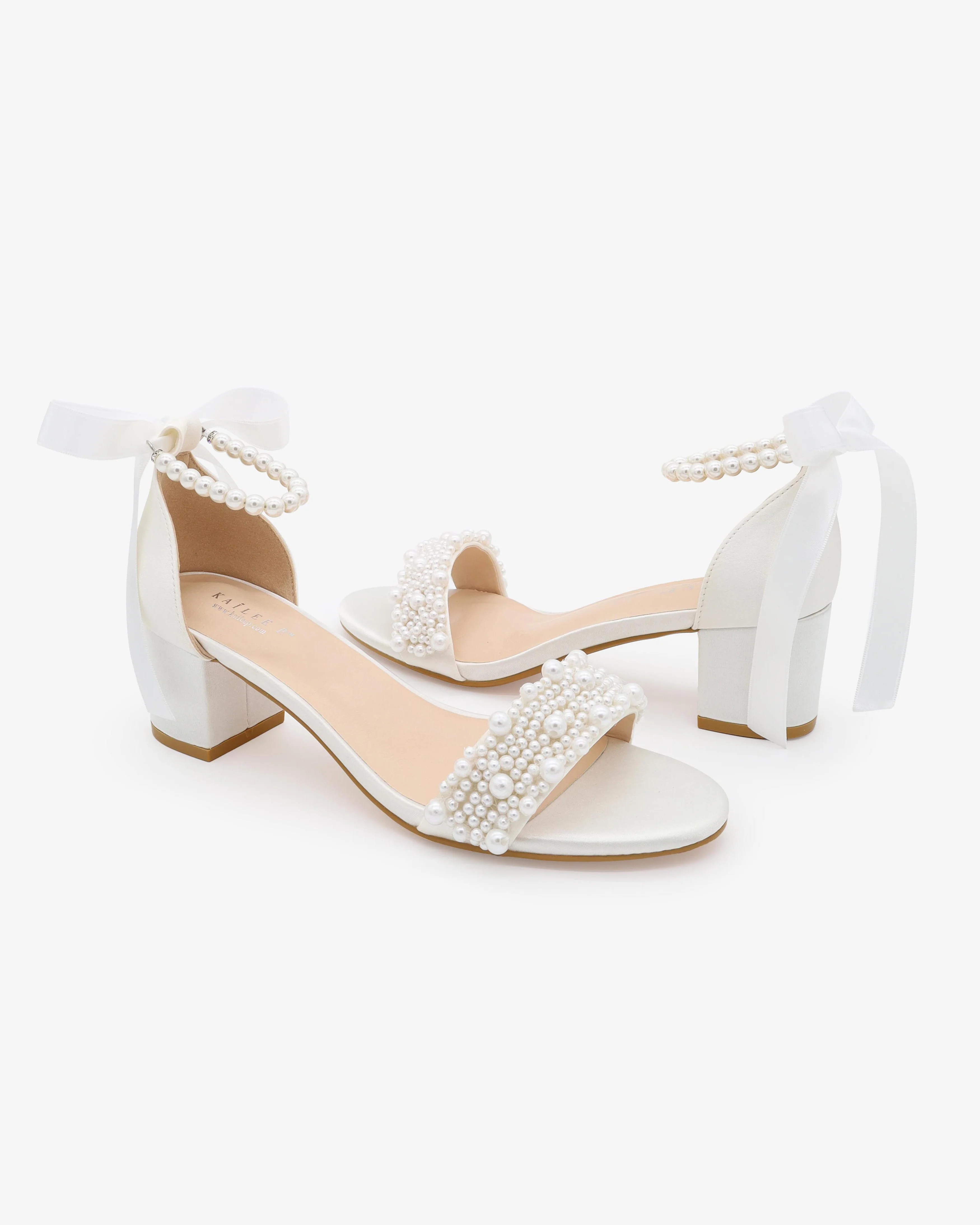 Satin Block Heel Wedding Sandals with Perla Applique and All Pearls Strap | Kailee P.