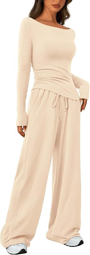 PRETTYGARDEN Women's 2 Piece Lounge Sets Asymmetrical Long Sleeve T Shirt Wide Leg Pants Casual O... | Amazon (US)