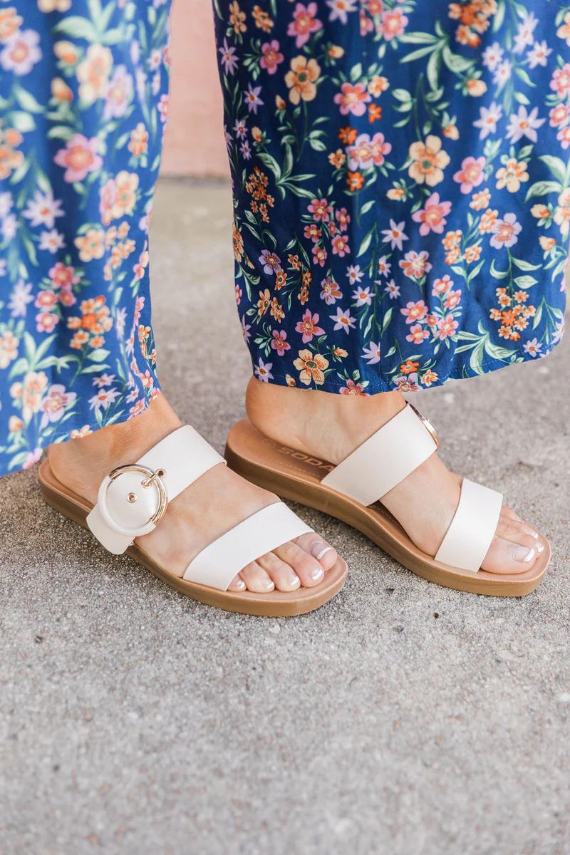 Monroe White Double Strap Buckle Sandal | Pink Lily