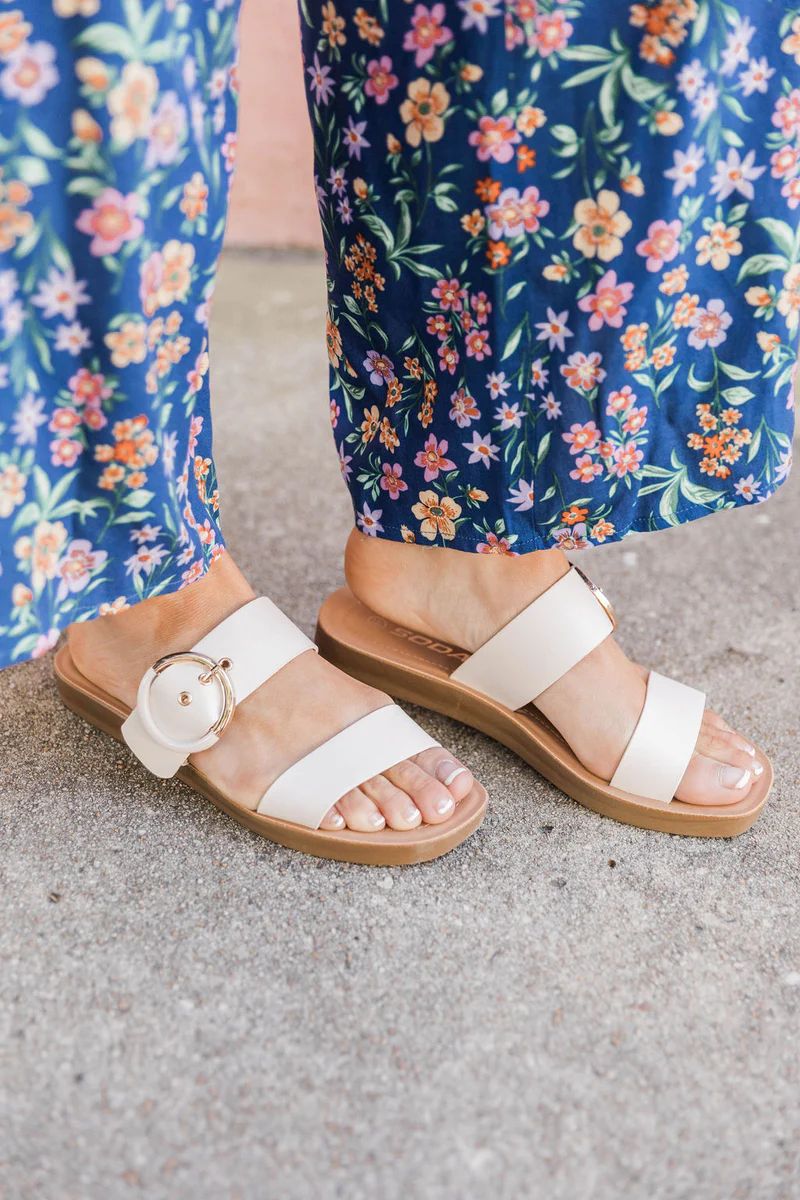 Monroe White Double Strap Buckle Sandal | Pink Lily