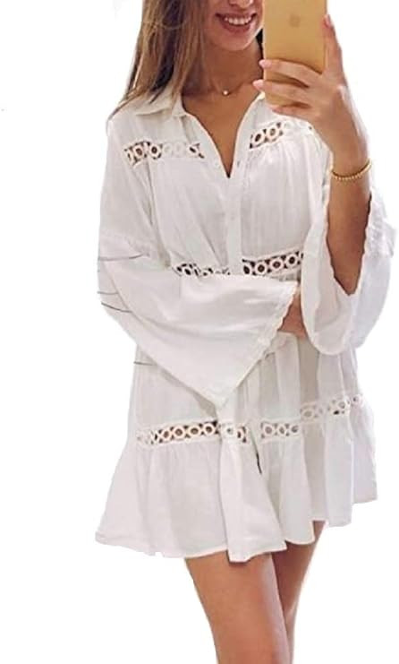 NFASHIONSO Women's V-Neck Swimsuit Beach Cover Up Shirt Bikini Beachwear Bathing Suit Beach Dress | Amazon (US)