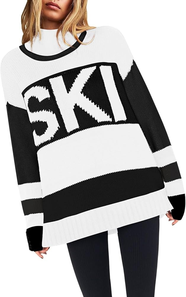 Yousify Womens Sweaters Fall 2025 Oversized Color Block Ski Sweater Crewneck Winter Tops S-2XL | Amazon (US)