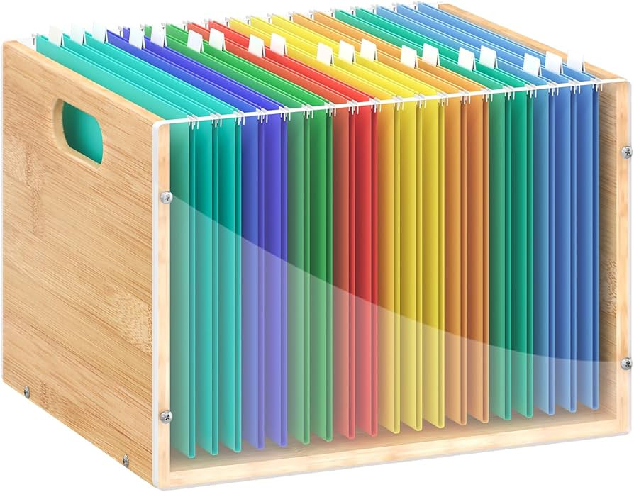 Clear Acrylic File Box Organizer, Bamboo Hanging Folder Storage Boxes, Filing Crate Bin Holder wi... | Amazon (US)