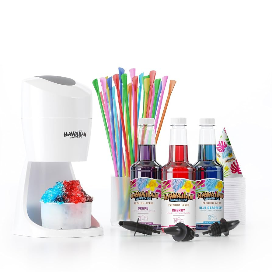 Hawaiian Shaved Ice Machine Kit - 3 Flavors, 25 Cups, Straws, Pourers, Ice Molds | Amazon (US)