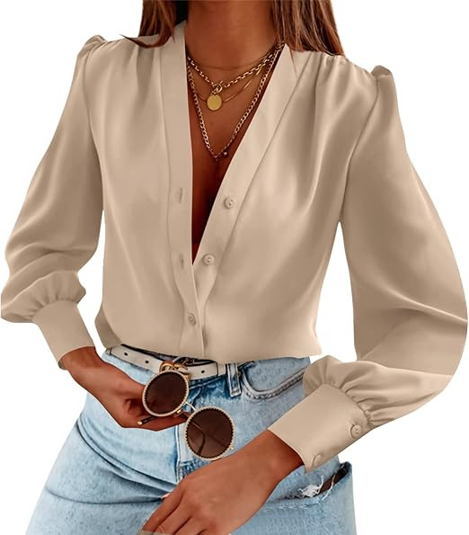 Women's Business Casual Tops Summer Long Sleeve Button Down Shirts V Neck Chiffon Blouses | Amazon (US)