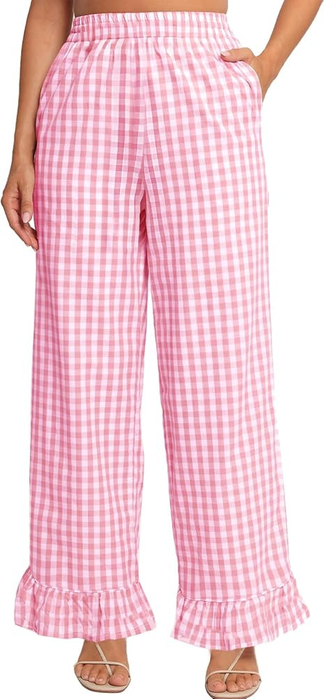 COZYPOIN Women's Gingham Pants Cotton Plaid Ruffle Hem Lounge Boxer Pant Y2K Pj Bottoms Casual Wi... | Amazon (US)