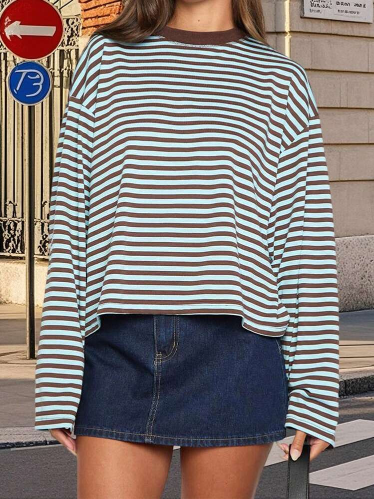 Women Oversized Striped Color Block Long Sleeve Crew Neck Sweatshirt Casual Loose Pullover Y2K Sh... | SHEIN
