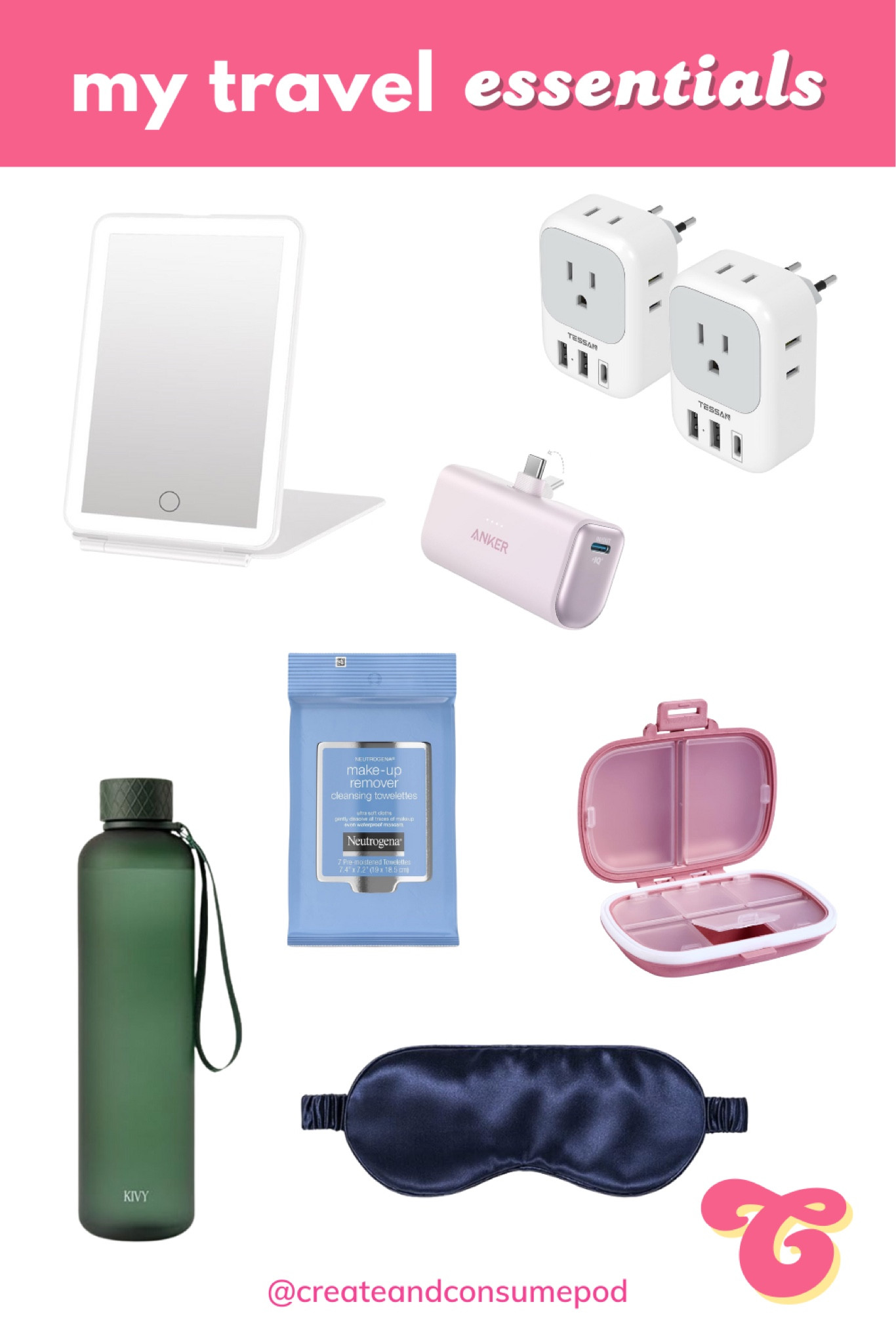 Some of my favorite travel essentials: a compact lighted mirror, converters and backup chargers, Neutrogena makeup wipes, a travel pill box, a sleep mask and a refillable water bottle  

#LTKFindsUnder50 #LTKTravel #LTKFindsUnder100