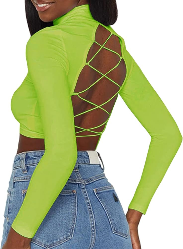 Artfish Womens Backless Criss Cross Trendy Crop Top Lace Up Turtleneck Mock Neck Long Sleeve Crop... | Amazon (US)
