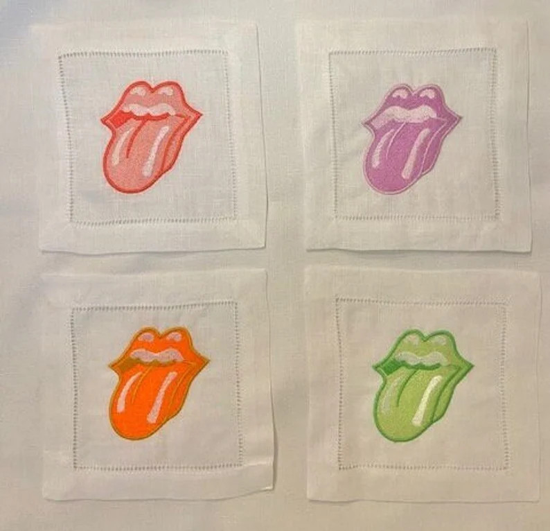 Rolling Stones Embroidered Cocktail Napkin | Set of 4 | Hostess Gift | Home Décor | Bar  | Lips ... | Etsy (US)