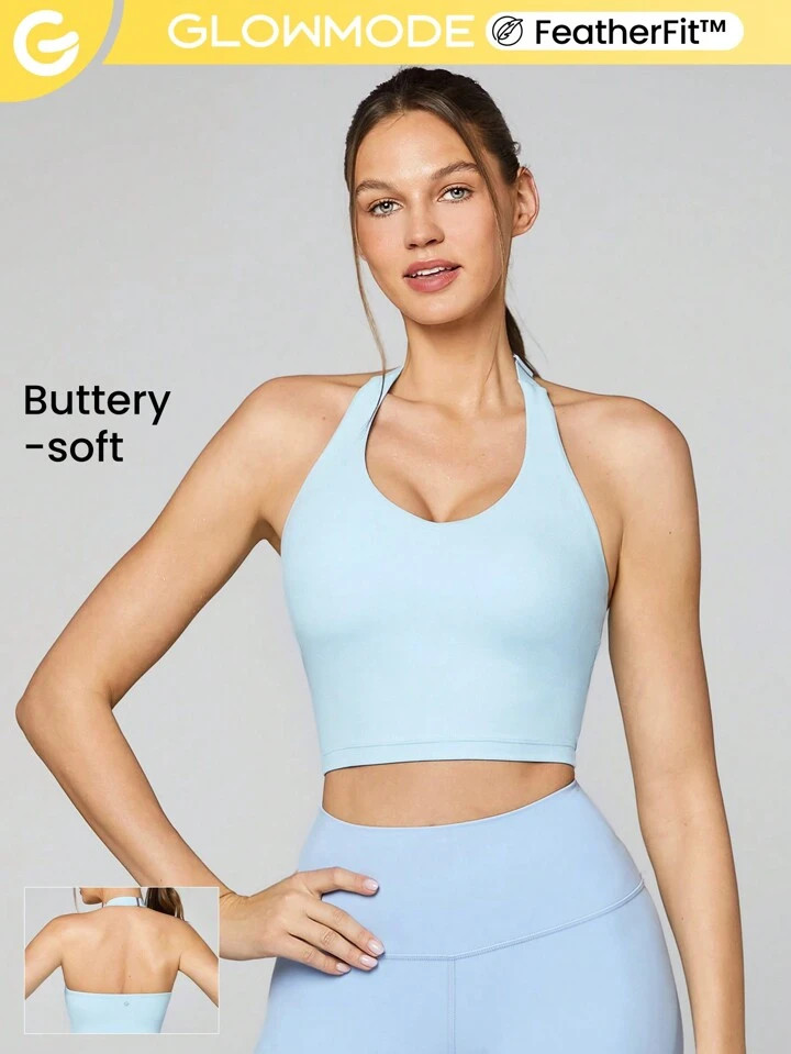 GLOWMODE FeatherFit™ Double Time Adjustable Halter Sports Bra Tank Top Light Support Low Impact... | SHEIN