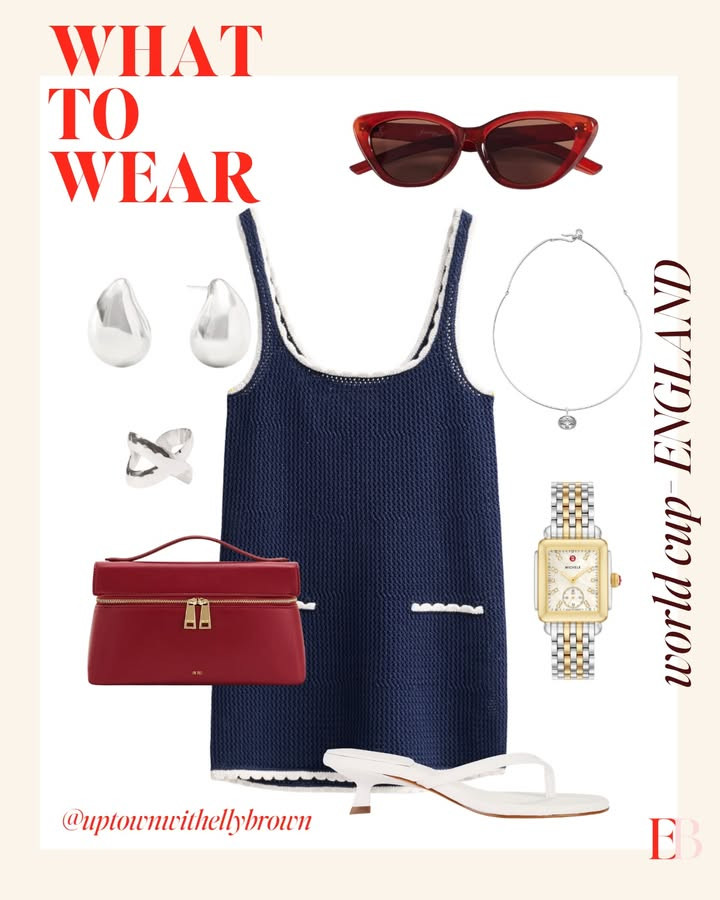 Ready to rep England in the most chic way possible? 🏴󠁧󠁢󠁥󠁮󠁧󠁿❤️ navy crochet mini + red box bag + white sandals — this look is so clean and put together without even trying. the silver accessories tie it all together perfectly. all pieces linked! #worldcup 

 #LTKootd