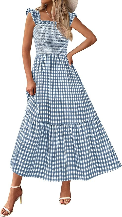 PRETTYGARDEN Womens Summer Dress Casual Square Neck Ruffle Strap Gingham Smocked Midi Flowy A Lin... | Amazon (US)