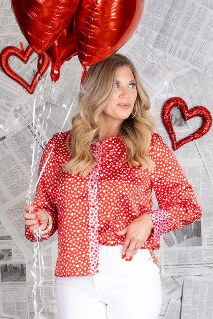 Fight The Feeling Satin Hearts Long Sleeve Top | The Willow Tree
