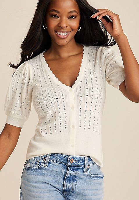 Scalloped Open Stitch Button Down Cardigan | Maurices