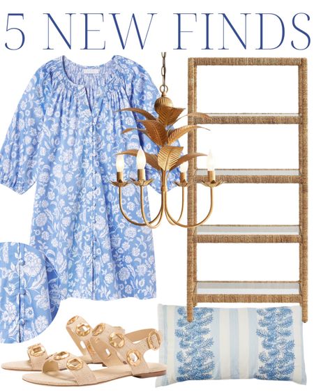 5 new finds! Blue floral dress, brass chandelier, woven bookcase, blue floral lumbar pillow, woven sandals, classic style, spring dress, preppy style, grandmillennial style, grandmillennial home, palm light, palm chandelier, spring style, cotton dress 

#LTKfindsunder100 #LTKSeasonal #LTKhome