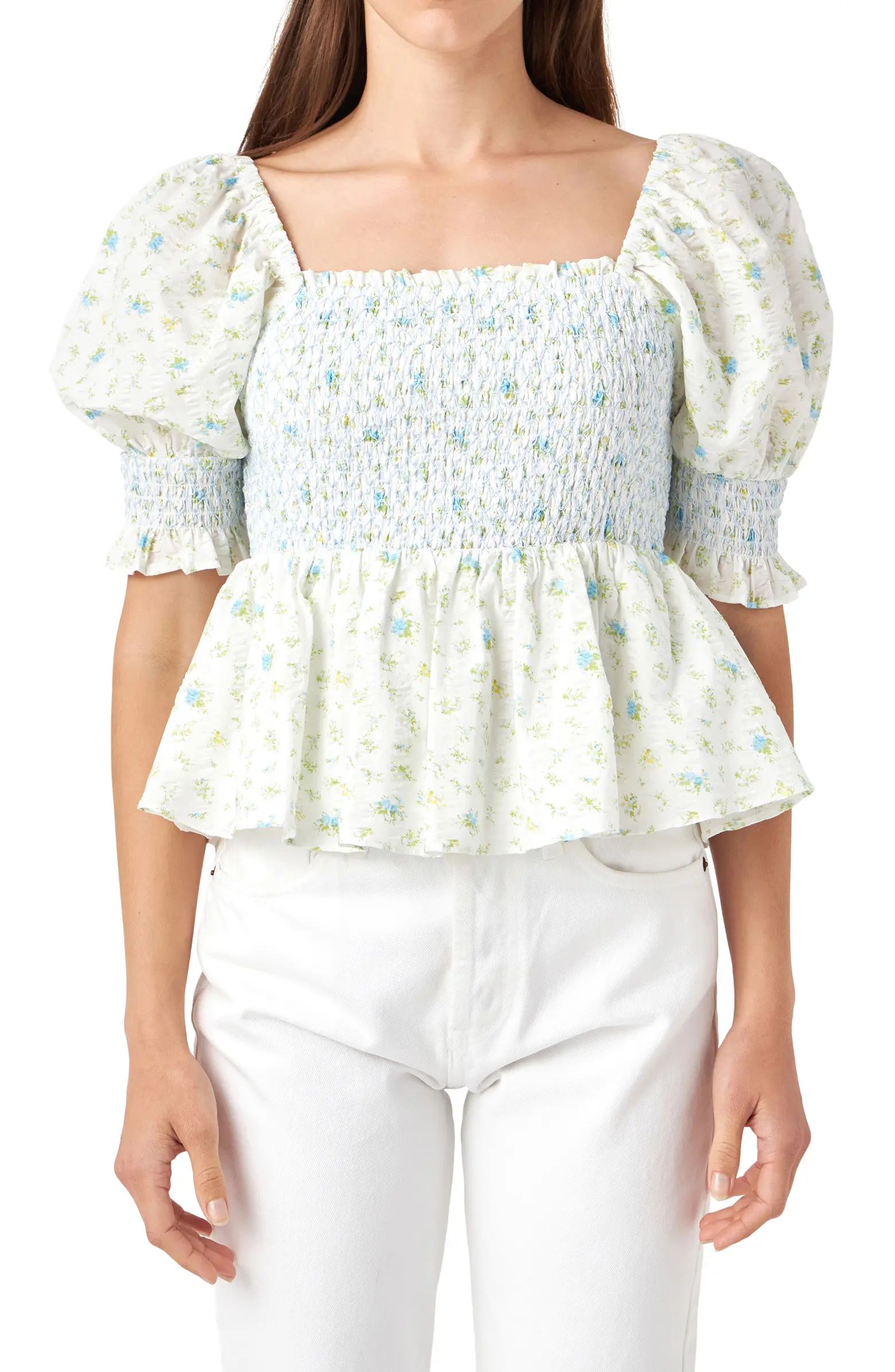 English Factory Floral Print Puff Sleeve Peplum Blouse | Nordstrom | Nordstrom