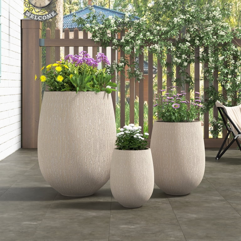 LuckyNote Lightweight Stone-Look Planter Set of 3, Egg-Shaped MGO Flower Pots with Rubber Drainag... | Walmart (US)