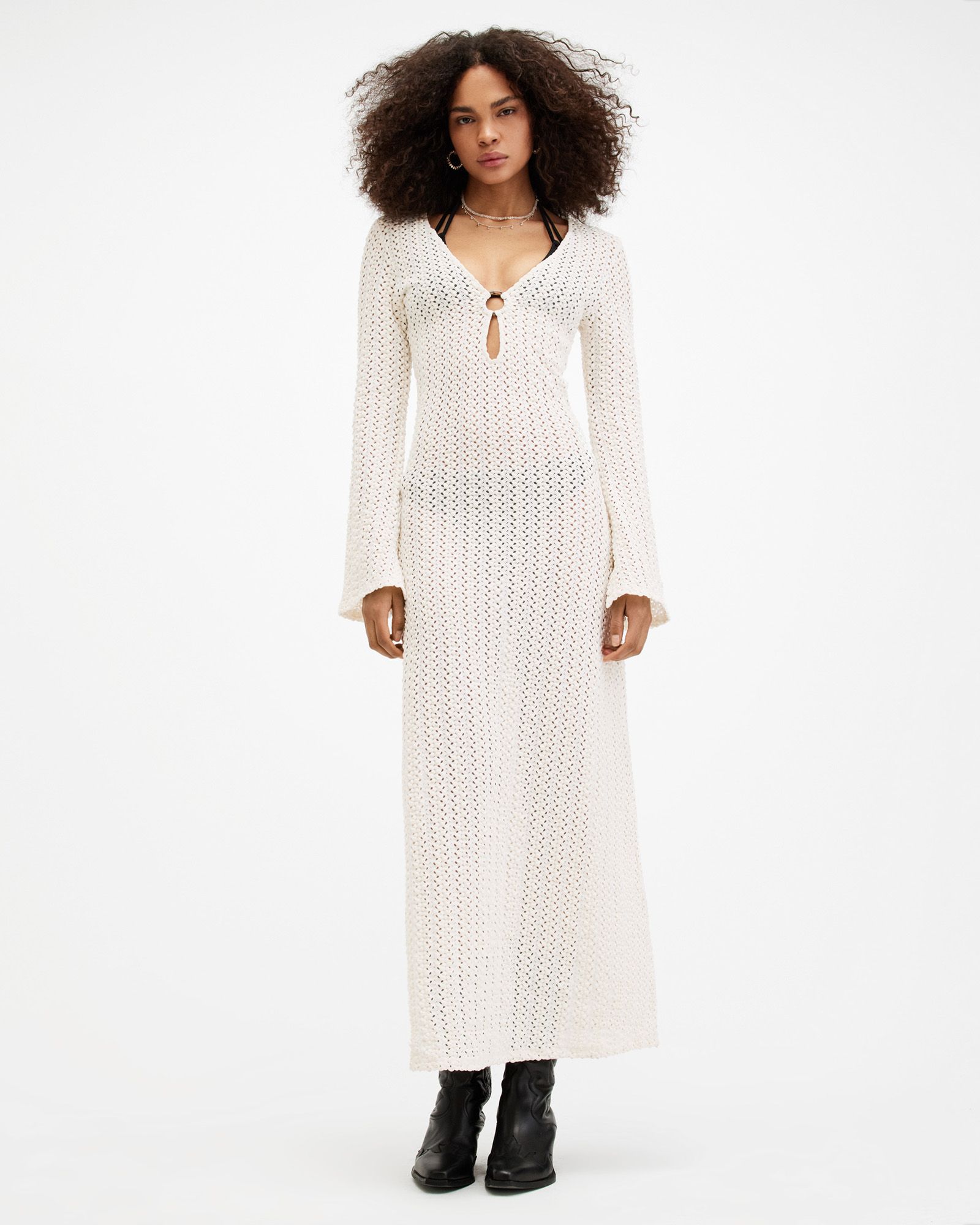 Karma Crochet Slim Fit Maxi Dress Chalk White | ALLSAINTS | AllSaints UK