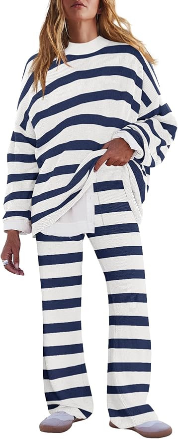 LAMISSCHE Oversized Womens Lounge Set Striped Sweater Set Long Sleeve 2 Piece Pajama Set Top and ... | Amazon (US)