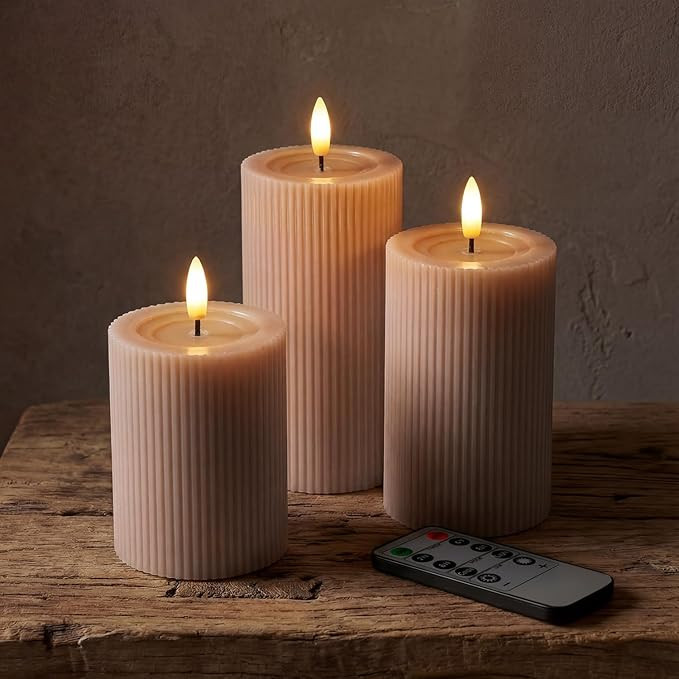 Fluted Ribbed LED Pillar Candles, Blush Beige, with Reflective Melted-Wax Effect – Flickering F... | Amazon (US)