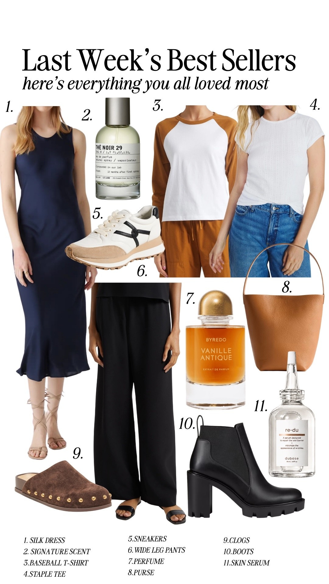 Last week’s bestsellers !!

Ash:
Height: 5’6
Weight: 140 pounds
Top size: medium
Dress size: medium
Pants size: medium, 6 or 28 
Shoes: 9 or 39

Em:
Height: 5’6
Weight: 115 pounds
Top size: small
Dress size: small 
Pants size: small, 2 or 25 
Shoes: 8.5 or 39

Size up a full size in the Loub boots!

Le labo - scent the noir 29
Byredo - scent vanilla antique