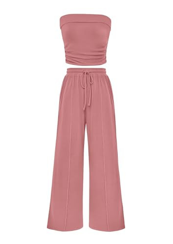 PRETTYGARDEN Womens Summer Outfits 2 Piece Sets Casual Ribbed Knit Crop Tube Top Wide Leg Pants Spring Matching Lounge Set(Dusty Pink,Small) | Amazon (US)