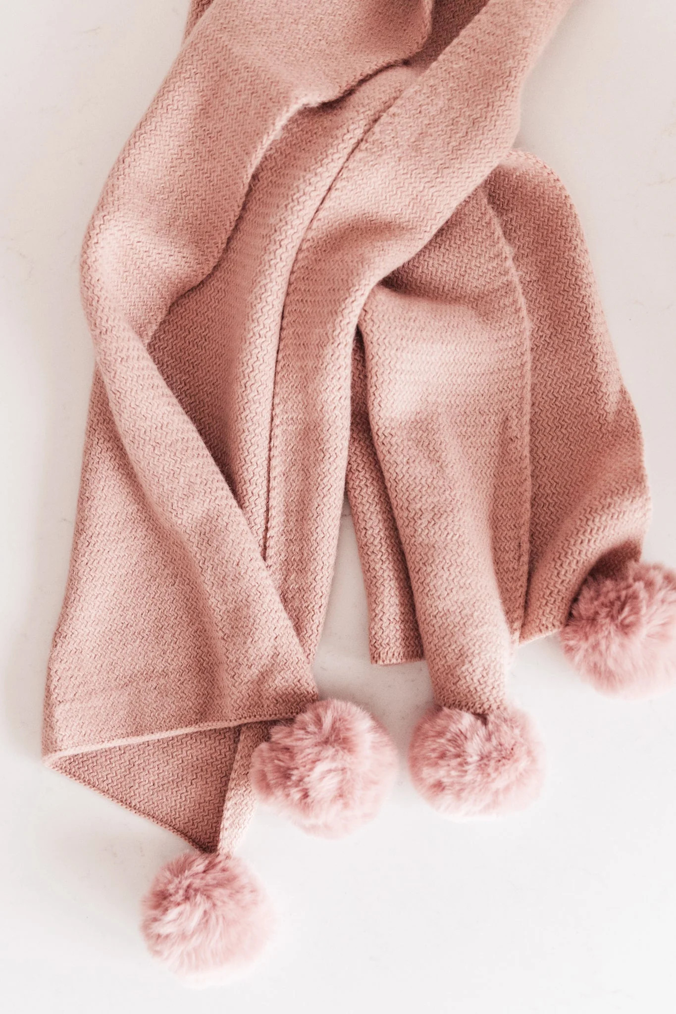 Knitted Fuzzy Pom Pom Scarf In Blush | Casual Chic Boutique